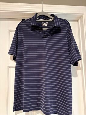 LG Men's Navy and White Striped Polo